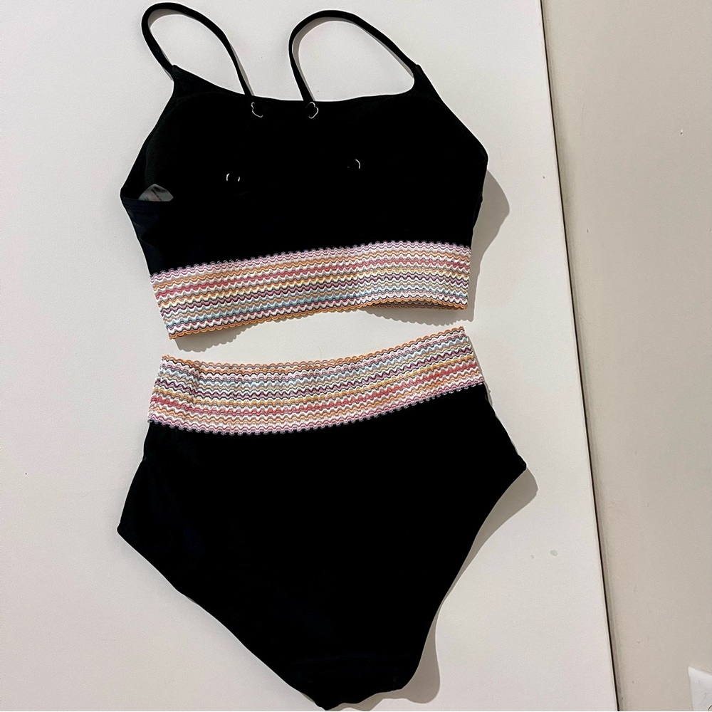 Eytino Womens High Waist Bikini Set Black Rainbow Color Block Vacation M NWOT - Picture 5 of 6